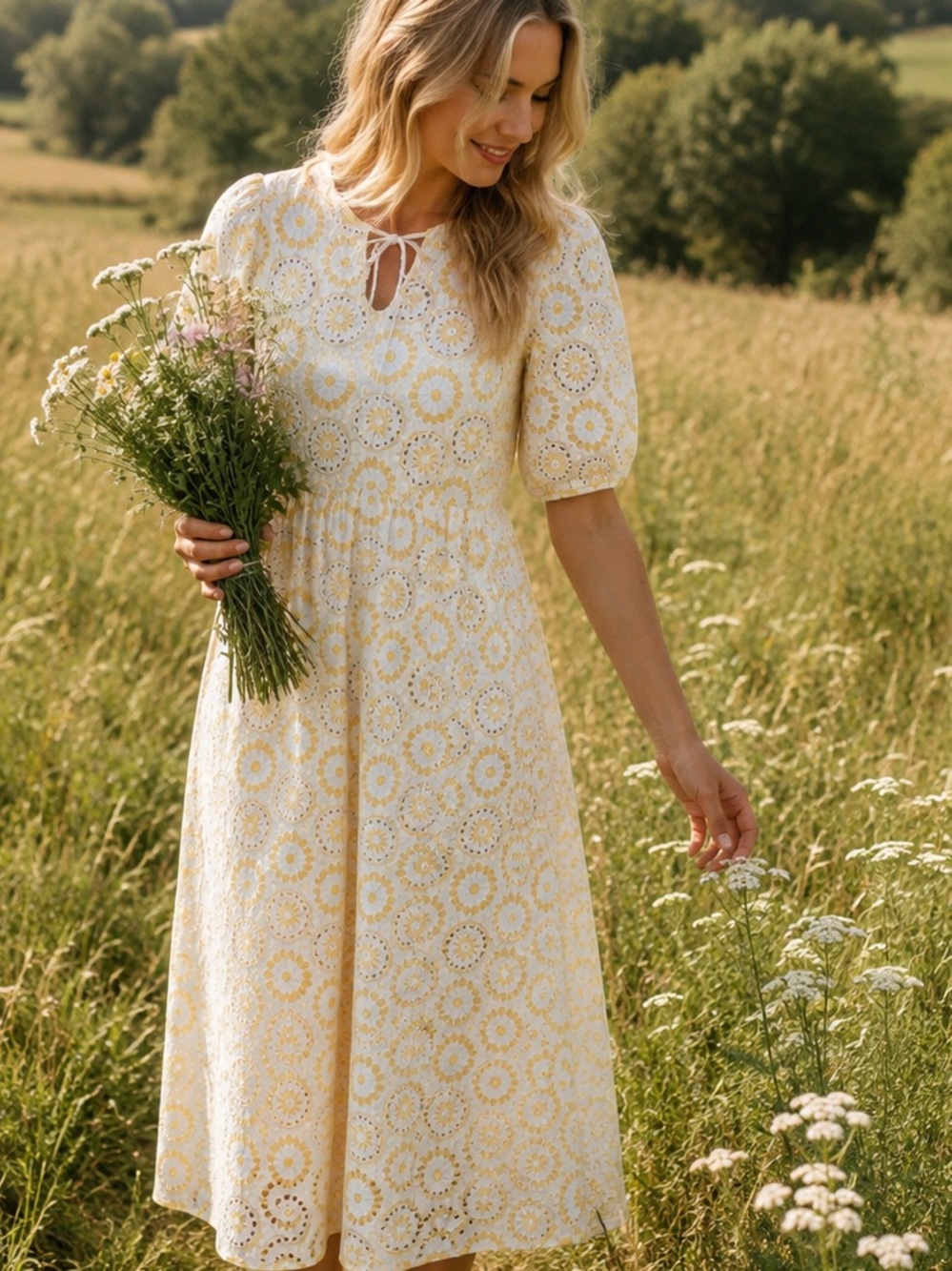 Barbour White Yellow Eyelet Embroidered Midi Dress Floral Cottagecore Boho US 8 - Picture 2 of 13